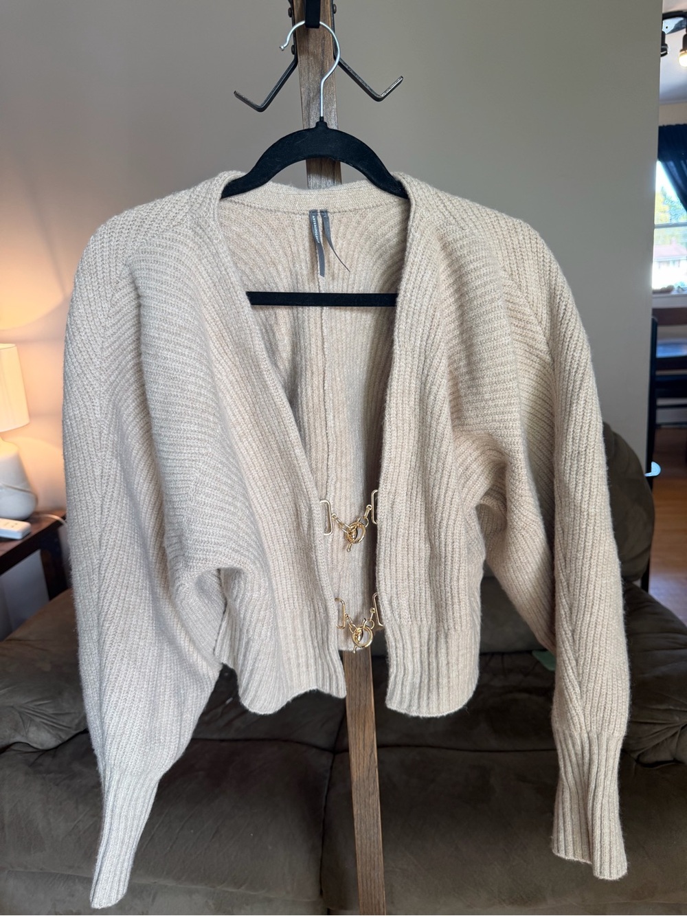 Anthropologie Cream Knit wool Cardigan with Gold Hook Closures